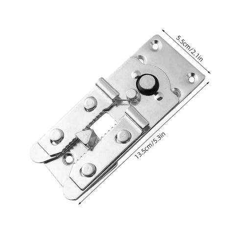 Close-up of a Six Piece Alligator Sofa Fasteners Reinforced Metal Modular Sofa Connectors showing dimensions and locking mechanism.