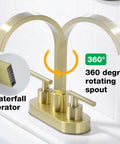 Matte Black 4 Inch Centerset Bathroom Faucet For 3 Hole Sinks, High Flow Waterfall Spout, 360 Degree Swivel shown in gold finish