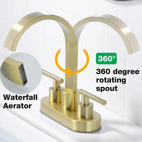 Matte Black 4 Inch Centerset Bathroom Faucet For 3 Hole Sinks, High Flow Waterfall Spout, 360 Degree Swivel shown in gold finish