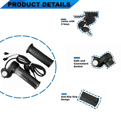 Full Twist Ebike Throttle With Key Lock, Waterproof 3 Pin Design, Easy Install Plug And Play 22mm Handlebar Fit, Universal Voltage For Electric Bicycles And Scooters, Anti Slip Grips For Secure, Smooth Rides On 22mm Handlebars