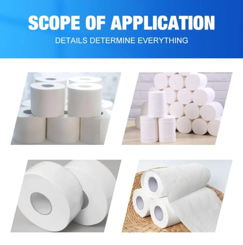 Heavy Duty Commercial Tissue Paper Machine Industrial Toilet Paper Production Line stacks of finished white toilet paper rolls.