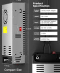 Rugged 12 Volt Power Supply Converting 110 Down To 12 At 50 Amps with aluminum casing and toggle switch front view.