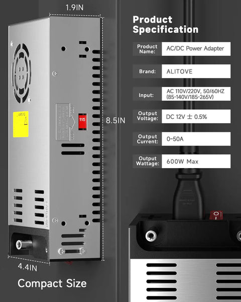 Rugged 12 Volt Power Supply Converting 110 Down To 12 At 50 Amps with aluminum casing and toggle switch front view.
