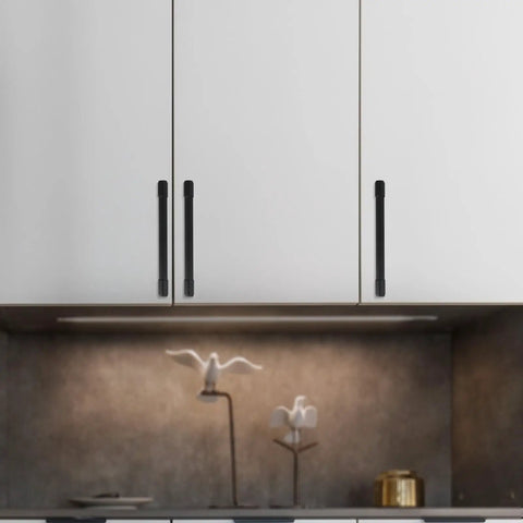 Two Pack Matte Black Cabinet Pulls With 12.6 Inch 320mm Hole Centers, Aluminum Kitchen Handles on white cabinets.