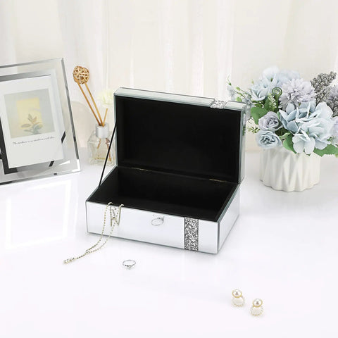 Open Lux Glass Mirrored Jewelry Box With Crushed Diamonds Strip Decor And Blinged Out Sparkle Accent Storage on vanity