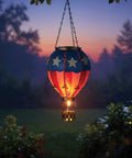 Hot Air Balloon Solar Lantern Outdoor Hanging LED Light for Garden Patio Pathway, waterproof metal and glass decor.