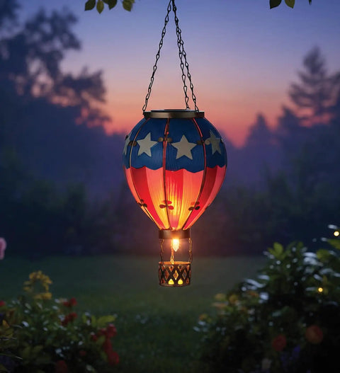 Hot Air Balloon Solar Lantern Outdoor Hanging LED Light for Garden Patio Pathway, waterproof metal and glass decor.
