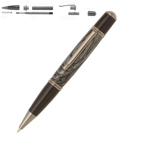 Gatsby Grande Twist Ballpoint Pen Kit Starter Pack For Woodturning, featuring assembled pen and disassembled parts, gold finish