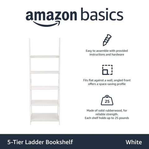 Five Tier Ladder Bookshelf With Solid Rubberwood Frame And Clean White Finish No Hassle Assembly Compact Storage Organizer For Small Space Built Tough Display Rack For Books Plants And Home Stuff Smooth Vibes