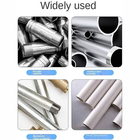 Various pipes including iron, stainless steel, aluminum, and plastic showcasing Rock Solid Handheld Electric Pipe Threader 2300W.