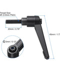 Side view of uxcell black-oxide clamping lever with M6-20mm threaded stud; 45mm long; inset shows 3mm hex socket.