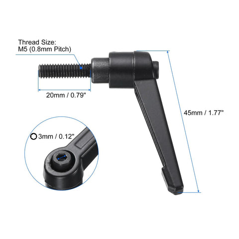Side view of uxcell black-oxide clamping lever with M6-20mm threaded stud; 45mm long; inset shows 3mm hex socket.
