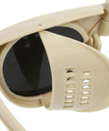 High Grade Welding Goggles And Safety Glasses Featuring Adjustable Impact Resistant Lenses For Gas Arc Cutting Grinding Hardcore Shop Job Crew Approved Must Have Gear close-up showing beige housing and black lenses.