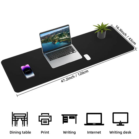 Large Desk Pad 47.2 Inch By 17 Inch Leather Desk Pad Protector With Natural Cork And PU Leather Grippy Non Slip Waterproof Office Mat For Home And Office Double Sided Reversible Black with laptop and phone.