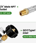 15 Inch RV Propane Hose With Gauge Stainless Steel Braided Camper Gas Hose 2 Pack One Quarter NPT Male To QCC1 Quick Connect For Your RV Setup Upgraded Gauge With Weather Readout For Accurate Readouts showing 1/4 inch NPT male outlet and QCC Type 1 inlet for tank.