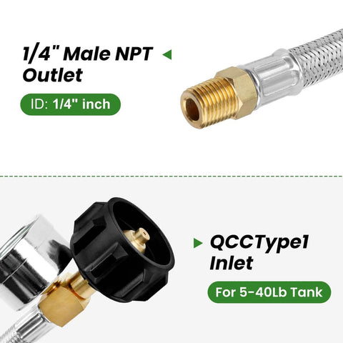 15 Inch RV Propane Hose With Gauge Stainless Steel Braided Camper Gas Hose 2 Pack One Quarter NPT Male To QCC1 Quick Connect For Your RV Setup Upgraded Gauge With Weather Readout For Accurate Readouts showing 1/4 inch NPT male outlet and QCC Type 1 inlet for tank.