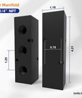 Aluminum 1/4 Inch NPT Inline Air Compressor Manifold, 3 Way 5 Port Pneumatic Distribution Block with dimensions shown