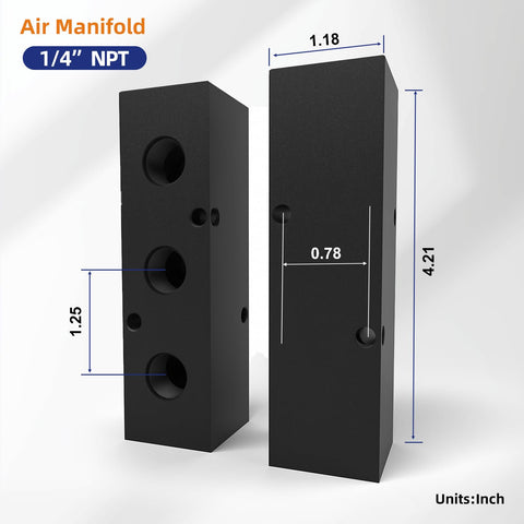 Aluminum 1/4 Inch NPT Inline Air Compressor Manifold, 3 Way 5 Port Pneumatic Distribution Block with dimensions shown