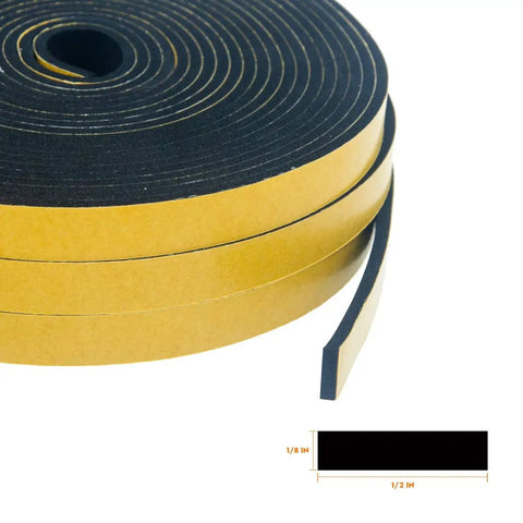 Heavy Duty Neoprene Foam Seal Tape 3 Pack 1/2 Inch Wide By 1/8 Inch Thick 59 Feet Total showing black foam tape rolls.