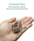 Hand holding 80 Grit Flap Wheel Sander Set For Rotary Tools with One Eighth Inch Shank Cone Shape Abrasive Sanding Bits
