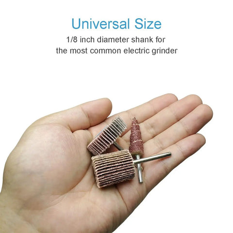 Hand holding 80 Grit Flap Wheel Sander Set For Rotary Tools with One Eighth Inch Shank Cone Shape Abrasive Sanding Bits