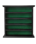 Front view of 25 Golf Ball Display Case Wall Mount Rack For Golfers Black Wooden Ball Holder with velvet backdrop, anti-skid shelves.