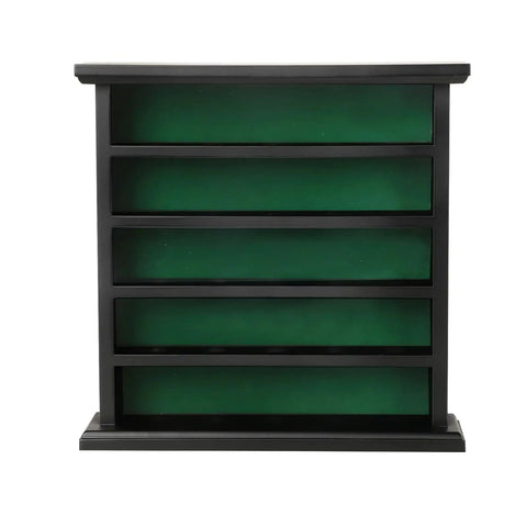 Front view of 25 Golf Ball Display Case Wall Mount Rack For Golfers Black Wooden Ball Holder with velvet backdrop, anti-skid shelves.