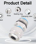Two Pack NPT One Quarter Inch Stainless Steel Waterproof Cable Gland Connectors with labeled parts gasket, body, sealing ring