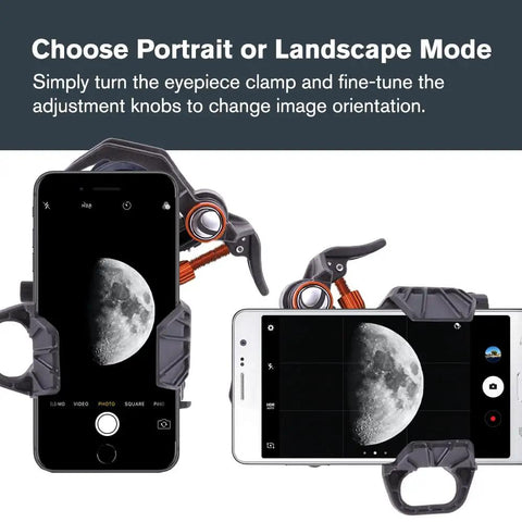 NexYZ DX Universal Smartphone Adapter for Telescopes, Binoculars, Spotting Scopes showing moon image on phone in landscape mode