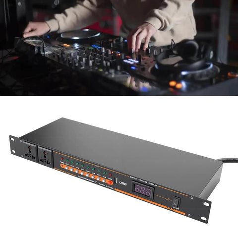 Ten Outlet Power Sequencer Conditioner With USB Charging Port Flips The Power On DJ Consoles and Pro Audio Gear, displayed with a DJ controller.