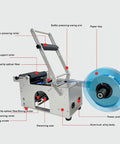 Heavy Duty Setup Semi Automatic Bottle Label Applicator Integrated Sequential Printer High Precision Tagger For Round Cans Plastic And Glass Running Bullseye Precise On Production Lines With 110V, showing bottle pressing arm and rollers.