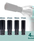 Close-up of 22mm, 21mm, 19mm, and 17mm sockets for 20V Cordless Impact Wrench One Half Inch Drive With Brushless Motor, 320 Ft Lbs Torque
