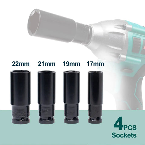 Close-up of 22mm, 21mm, 19mm, and 17mm sockets for 20V Cordless Impact Wrench One Half Inch Drive With Brushless Motor, 320 Ft Lbs Torque