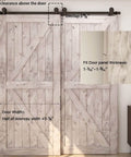5.5 Foot Bypass Barn Door Hardware Kit For 33 Inch Double Doors, Full Sliding Wood Door Track System With T Shape Hangers, Heavy Duty Steel Construction, Nylon Rollers, Gcr15 Bearings, Anti Rust Rails, Smooth Quiet Operation. Image shows a close-up of two wooden sliding barn doors mounted on a steel track.