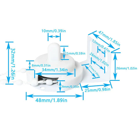 Top Tier Roller Shade Repair Kit Featuring Built Tough Metal Brackets And Smooth Pull Cord Chains For Plug And Play Installation And Serious Window Treatment Upgrades In Classic White, showing measurements and parts.
