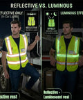 High Visibility Reflective Safety Vest With Custom Logo Hi Vis Work Uniform Built Tough For Construction Sites And Trucking Pros Who Gotta Get The Job Done, shown in reflective and luminous styles.