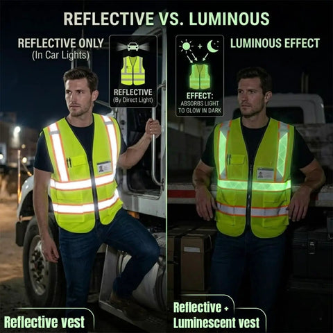High Visibility Reflective Safety Vest With Custom Logo Hi Vis Work Uniform Built Tough For Construction Sites And Trucking Pros Who Gotta Get The Job Done, shown in reflective and luminous styles.