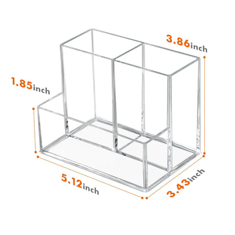 Clear Acrylic Desk Pen Holder With Three Independent Compartments, dimensions labeled, for home office classroom organization.
