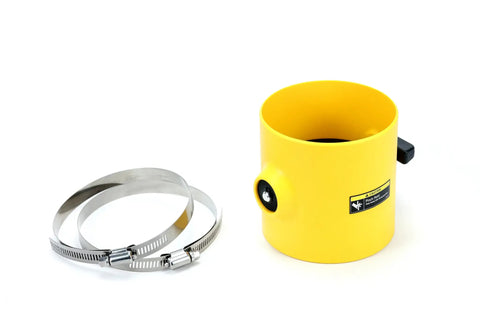 Magswitch Quicklox Air Gate Four Inch Dust Collection Valve With Quick Lock System showing yellow valve and metal hose clamps