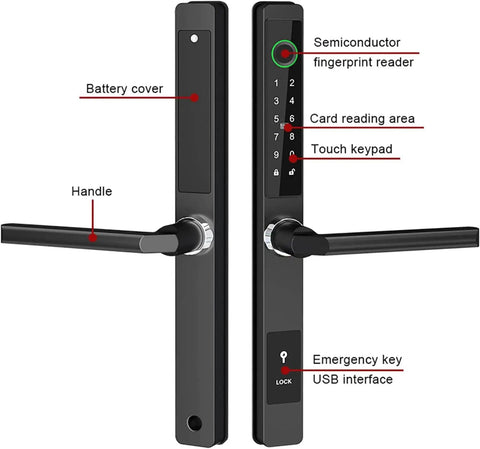 Hassle Free Smart Keyless Entry Door Lock Featuring Fingerprint Electronic Deadbolt Auto Lock Password Card Swipe Solid Apartment Security Quick Install Smooth Nightly Entry with visible fingerprint reader, touch keypad, and handle.