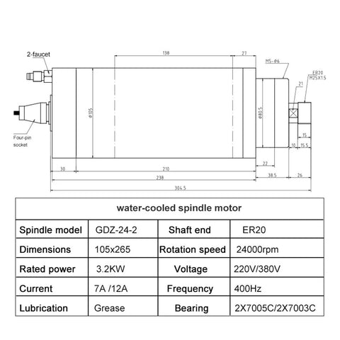 Schematic of Rock Solid 3.2Kw Er20 Water Cooled Spindle Motor For Cnc Milling Drill Carving with dimensions and specifications.