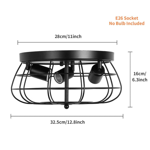 Dope Farmhouse Flush Mount Ceiling Light With Industrial Metal Cage Shade, 3 Light Black Finish dimensions and E26 socket