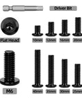 Image of M6 X 16mm Flat Head Socket Cap Screws Set In Stainless Steel 304 With Black Coating, includes various screw sizes and driver bit.