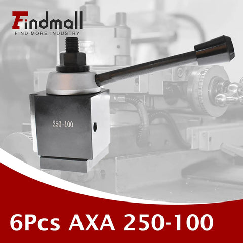 Side view of a Six Piece AXA 250 100 Tool Post Set for CNC High Accuracy Piston Type Quick Change mounted on a lathe.