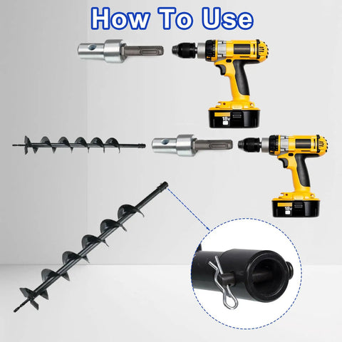 Heavy Duty 3/4 Inch Garden Earth Auger Drill Adapter With 2 Slot Shank showing connection with drill and auger bit