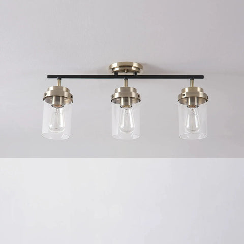Vintage Vibe Three-Light Track Lighting Bar With Pivoting Heads In Matte Black And Antique Brass Finish, Clear Glass Shades