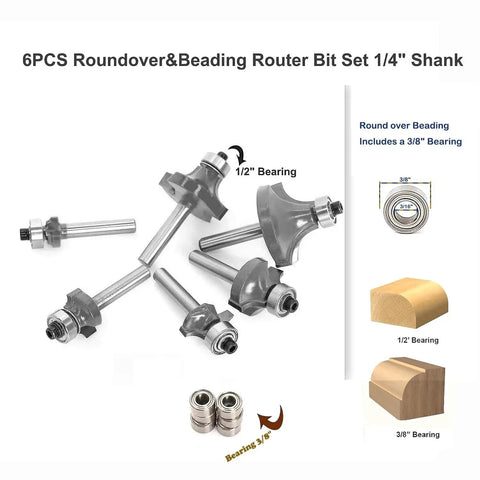 Six Piece Roundover Router Bit Set With 1/4 Inch Shank Carbide Bits And Six Bearings For Corner Rounding And Edge Forming Radius Options 1/16 1/8 3/16 1/4 3/8 1/2 Inch Includes 3/8 Inch Bearing For Beading Profiles, showing all components arranged