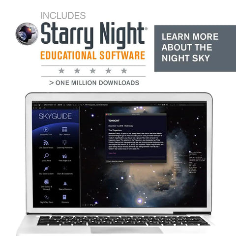 Laptop displaying Starry Night educational software for StarSense Explorer LT 114AZ App Enabled Telescope With Smartphone Dock.