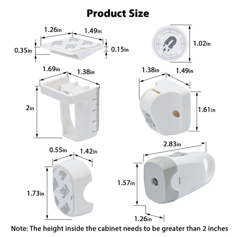 Detailed size illustration of Hidden Magnetic Cabinet Locks Set With Ten Locks And Two Keys For Baby Proofing Cabinets And Drawers.