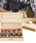 Premium Carbide Tipped Forstner Drill Bit Set Built Tough For Weekend Warriors in wooden case, 15-35mm sizes for woodworking.